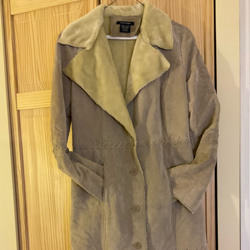 Boston Proper Full Length Suede Coat with Faux Fur Lining - Picture 3 of 8